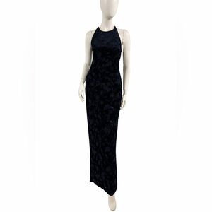 Rhapsody 90s Blue Floral Velvet Criss Cross Back Gown